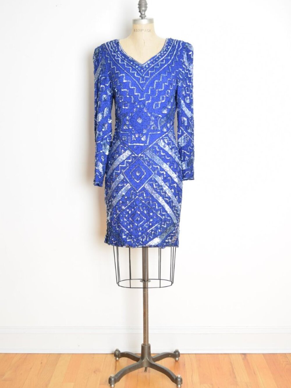 vintage 80s dress SCALA blue silk sequin beaded art deco flapper party prom M
